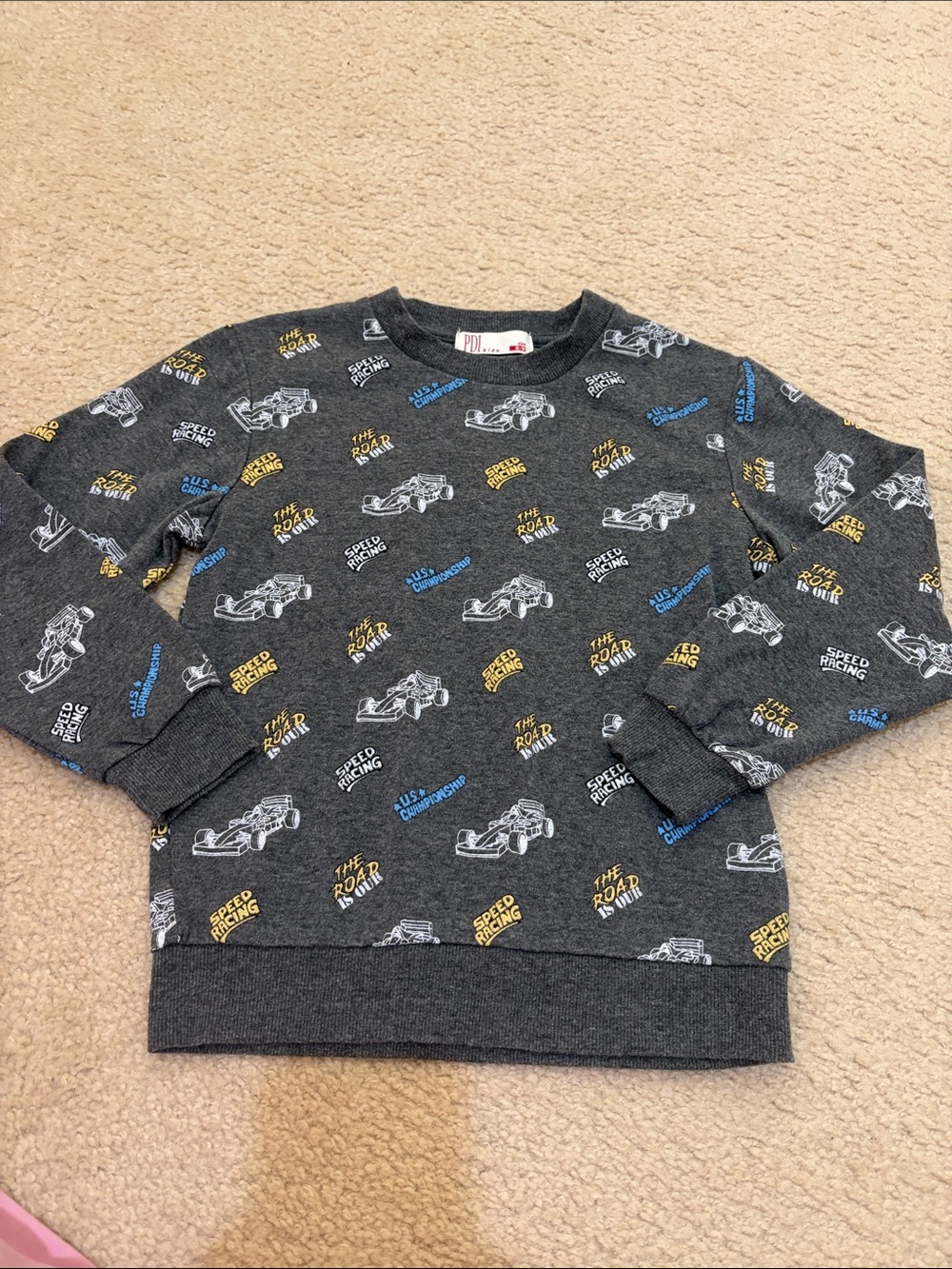 Kids Dark Gray Race Car Sweatshirt with Yellow & Blue Accents 8-9